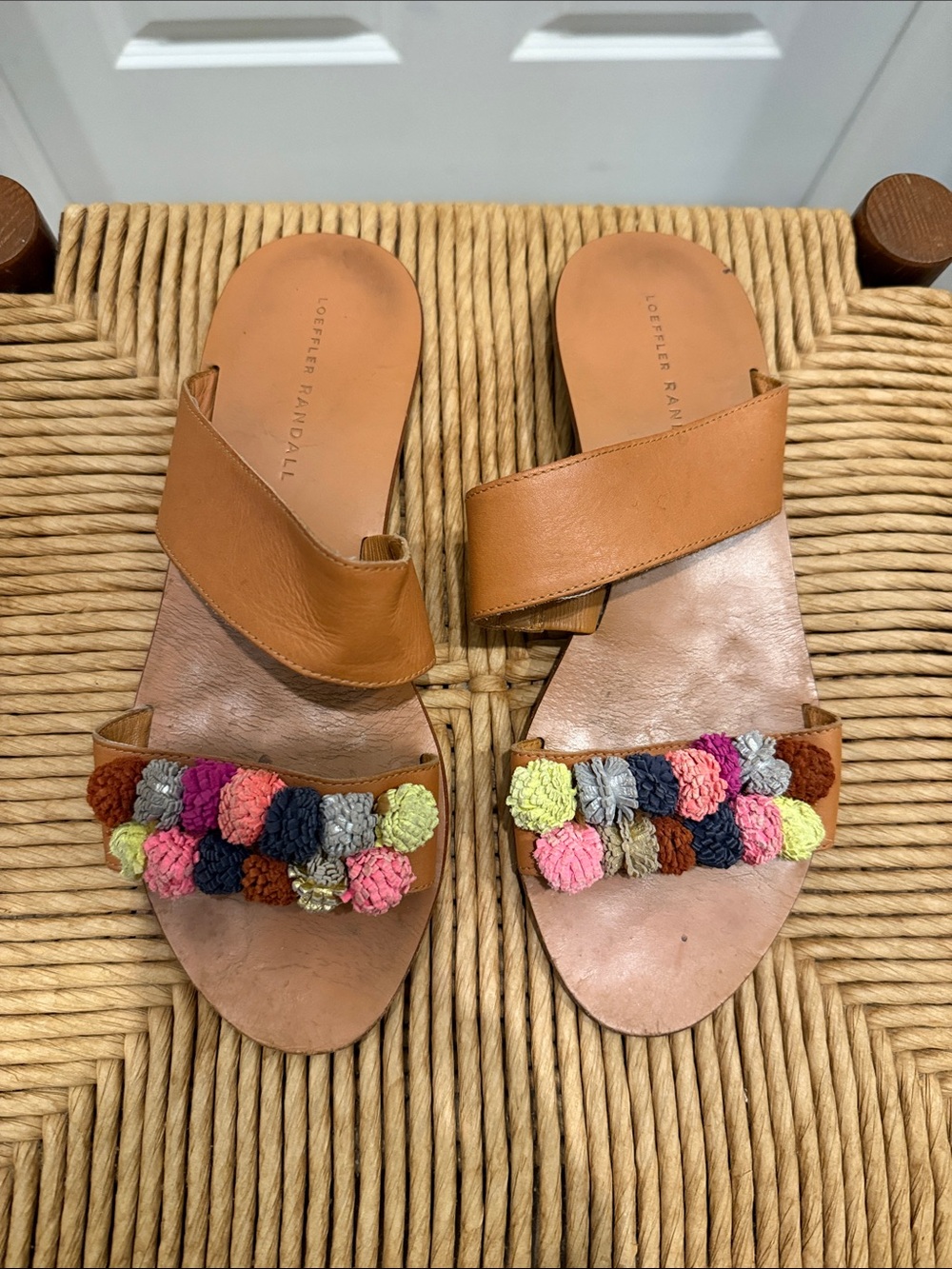Loeffler Randall Tan Leather Pom Pom Slide Sandals size 8